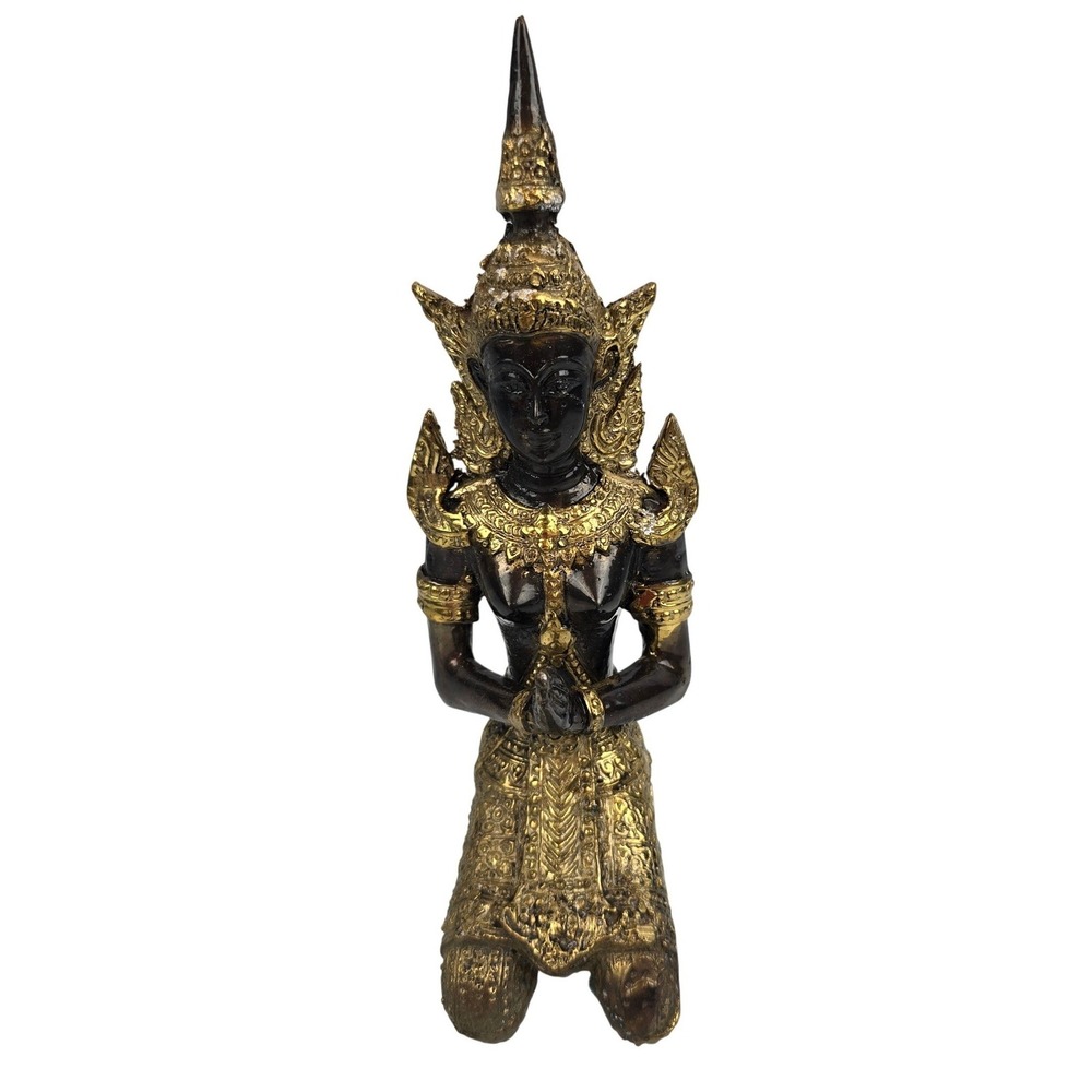 Vintage Thai Teppanom Kneeling Angel Statue Bronze Gold Leaf Praying Goddess